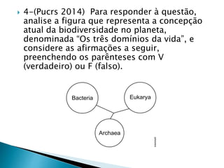  4-(Pucrs 2014) Para responder à questão,
analise a figura que representa a concepção
atual da biodiversidade no planeta,
denominada “Os três domínios da vida”, e
considere as afirmações a seguir,
preenchendo os parênteses com V
(verdadeiro) ou F (falso).
 