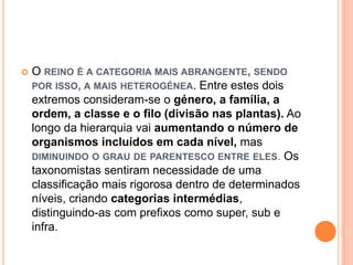  O REINO É A CATEGORIA MAIS ABRANGENTE, SENDO
POR ISSO, A MAIS HETEROGÉNEA. Entre estes dois
extremos consideram-se o género, a família, a
ordem, a classe e o filo (divisão nas plantas). Ao
longo da hierarquia vai aumentando o número de
organismos incluídos em cada nível, mas
DIMINUINDO O GRAU DE PARENTESCO ENTRE ELES. Os
taxonomistas sentiram necessidade de uma
classificação mais rigorosa dentro de determinados
níveis, criando categorias intermédias,
distinguindo-as com prefixos como super, sub e
infra.
 