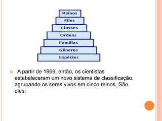  A partir de 1969, então, os cientistas
estabeleceram um novo sistema de classificação,
agrupando os seres vivos em cinco reinos. São
eles:
 