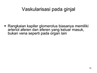 13
Vaskularisasi pada ginjal
 Rangkaian kapiler glomerolus biasanya memiliki
arteriol aferen dan eferen yang keluar masuk,
bukan vena seperti pada organ lain
 