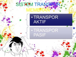 SISTEM TRANSPOR
    MEMBRAN
     • TRANSPOR
       AKTIF
     • TRANSPOR
       PASIF
 