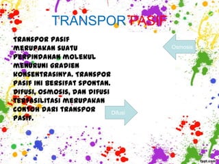 TRANSPOR PASIF
Transpor pasif
merupakan suatu                      Osmosis
perpindahan molekul
menuruni gradien
konsentrasinya. Transpor
pasif ini bersifat spontan.
Difusi, osmosis, dan difusi
terfasilitasi merupakan
contoh dari transpor        Difusi
pasif.
 