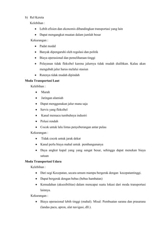 b) Rel Kereta
Kelebihan :
Lebih efisien dan ekonomis dibandingkan transportasi yang lain
Dapat mengangkut muatan dalam jumlah besar
Kekurangan :
Padat modal
Banyak dipengaruhi oleh regulasi dan politik
Biaya operasional dan pemeliharaan tinggi
Pelayanan tidak fleksibel karena jalurnya tidak mudah dialihkan. Kalau akan
mengubah jalur harus melalui stasiun
Rutenya tidak mudah dipindah
Moda Transportasi Laut
Kelebihan :
Murah
Jaringan alamiah
Dapat menggunakan jalur mana saja
Servis yang fleksibel
Kanal memacu tumbuhnya industri
Polusi rendah
Cocok untuk lalu lintas penyeberangan antar pulau
Kekurangan :
Tidak cocok untuk jarak dekat
Kanal perlu biaya mahal untuk pembangunanya
Daya angkut kapal yang yang sangat besar, sehingga dapat menekan biaya
satuan
Moda Transportasi Udara
Kelebihan :
Dari segi Kecepatan, secara umum mampu bergerak dengan kecepatantinggi.
Dapat bergerak dengan bebas (bebas hambatan)
Kemudahan (aksesibilitas) dalam mencapai suatu lokasi dari moda transportasi
lainnya.
Kekurangan :
Biaya operasional lebih tinggi (mahal). Misal: Pembuatan sarana dan prasarana
(landas pacu, apron, alat navigasi, dll.).
 