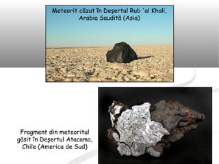 Meteorit căzut în Deşertul Rub 'al Khali,
Arabia Saudită (Asia)
Fragment din meteoritul
găsit în Deşertul Atacama,
Chile (America de Sud)
 