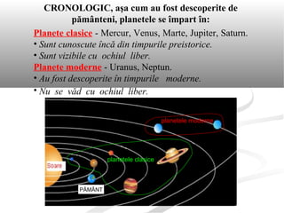 CRONOLOGIC, aşa cum au fost descoperite de
pământeni, planetele se împart în:
Planete clasice - Mercur, Venus, Marte, Jupiter, Saturn.
• Sunt cunoscute încă din timpurile preistorice.
• Sunt vizibile cu ochiul liber.
Planete moderne - Uranus, Neptun.
• Au fost descoperite în timpurile moderne.
• Nu se văd cu ochiul liber.
planetele moderne
planetele moderne
planetele clasice
PĂMÂNT
 