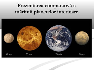 Prezentarea comparativă a
mărimii planetelor interioare
Mercur Venus Pământ Marte
 