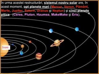 În urma acestei restructurări, sistemul nostru solar are, în
acest moment, opt planete mari (Mercur, Venus, Pământ,
Marte, Jupiter, Saturn, Uranus şi Neptun) şi cinci planete
pitice (Ceres, Pluton, Haumea, MakeMake şi Eris).
 