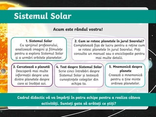 Sistemul Solar
1. Sistemul Solar
Cu sprijinul profesorului,
analizează imagini și filmulețe
pentru a explora Sistemul Solar
și a urmări orbitele planetelor.
2. Cum se rotesc planetele în jurul Soarelui?
Completează fișa de lucru pentru a reține cum
se rotesc planetele în jurul Soarelui. Poți
consulta un manual sau o enciclopedie pentru
mai multe detalii.
3. Cercetează o planetă
Descoperă mai multe
informații despre una
dintre planetele despre
care ai învățat azi.
4. Test despre Sistemul Solar
Scrie cinci întrebări despre
Sistemul Solar și testează
cunoștințele colegilor din
echipa ta.
5. Mnemonică despre
planete
Creează o mnemonică
pentru a ține minte
ordinea planetelor.
Cadrul didactic vă va împărți în patru echipe pentru a realiza câteva
activități. Sunteți gata să arătați ce știți?
Acum este rândul vostru!
 