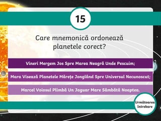 15
Care mnemonică ordonează
planetele corect?
Marcel Voiosul Plimbă Un Jaguar Mare Sâmbătă Noaptea.
Mara Visează Planetele Mărețe Jonglând Spre Universul Necunoscut;
Vineri Mergem Jos Spre Marea Neagră Unde Pescuim;
Următoarea
întrebare
 
