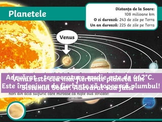 Planetele
Venus
Venus este a doua planetă de la Soare. Este considerată adesea planeta soră a
Pământului datorită dimensiunii similare și a materialelor din care sunt
alcătuite. Cu toate acestea, nu ți-ai dori să locuiești pe Venus. Atmosfera este
atât de densă încât te-ar strivi – iar planeta este acoperită în întregime de
nori din acid sulfuric care miroase ca niște ouă stricate!
Venus este cea mai fierbinte planetă din
Sistemul Solar. Adevărat sau fals?
Adevărat – temperatura medie este de 462°C.
Este îndeajuns de fierbinte să topească plumbul!
Distanța de la Soare:
108 milioane km
O zi durează: 243 de zile pe Terra
Un an durează: 225 de zile pe Terra
 