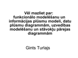 Gints Turlajs Vēl mazliet par: funkcionālo modelēšanu un informācijas plūsmu modeli, datu plūsmu diagrammām, uzvedības modelēšanu un stāvokļu pārejas diagrammām 