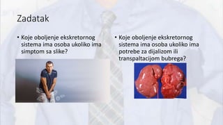 Zadatak
• Koje oboljenje ekskretornog
sistema ima osoba ukoliko ima
simptom sa slike?
• Koje oboljenje ekskretornog
sistema ima osoba ukoliko ima
potrebe za dijalizom ili
transpaltacijom bubrega?
 
