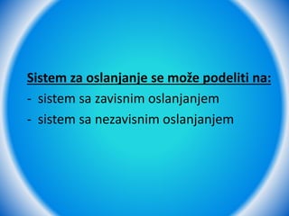 Sistem za oslanjanje se može podeliti na:
- sistem sa zavisnim oslanjanjem
- sistem sa nezavisnim oslanjanjem
 