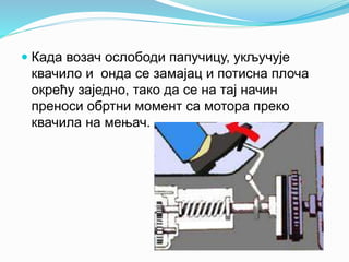  Када возач ослободи папучицу, укључује
квачило и онда се замајац и потисна плоча
окрећу заједно, тако да се на тај начин
преноси обртни момент са мотора преко
квачила на мењач.
 