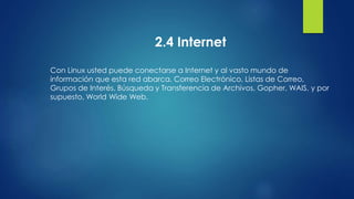 2.4 Internet 
Con Linux usted puede conectarse a Internet y al vasto mundo de 
información que esta red abarca. Correo Electrónico, Listas de Correo, 
Grupos de Interés, Búsqueda y Transferencia de Archivos, Gopher, WAIS, y por 
supuesto, World Wide Web. 
 