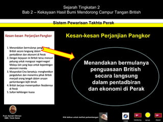 Sejarah Tingkatan 2 Bab 2 – Kekayaan Hasil Bumi Mendorong Campur Tangan British Sistem Pewarisan Takhta Perak Puan Asmah Othman SMK. Telok Datok depan belakang tamat Klik tetikus untuk melihat perkembangan Kesan-kesan Perjanjian Pangkor Menandakan bermulanya penguasaan British  secara langsung dalam pentadbiran dan ekonomi di Perak Indek 