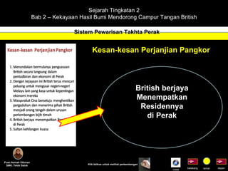 Sejarah Tingkatan 2 Bab 2 – Kekayaan Hasil Bumi Mendorong Campur Tangan British Sistem Pewarisan Takhta Perak Puan Asmah Othman SMK. Telok Datok depan belakang tamat Klik tetikus untuk melihat perkembangan Kesan-kesan Perjanjian Pangkor British berjaya Menempatkan Residennya di Perak Indek 