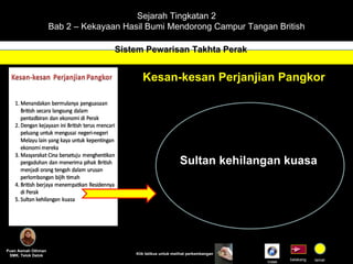 Sejarah Tingkatan 2 Bab 2 – Kekayaan Hasil Bumi Mendorong Campur Tangan British Sistem Pewarisan Takhta Perak Puan Asmah Othman SMK. Telok Datok belakang tamat Klik tetikus untuk melihat perkembangan Kesan-kesan Perjanjian Pangkor Sultan kehilangan kuasa Indek 