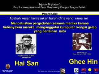 Sejarah Tingkatan 2 Bab 2 – Kekayaan Hasil Bumi Mendorong Campur Tangan British Perang Larut Puan Asmah Othman SMK. Telok Datok depan belakang tamat Apakah kesan kemasukan buruh Cina yang  ramai ini Mencetuskan pergaduhan sesama mereka kerana kebanyakan mereka  menganggotai kumpulan kongsi gelap yang berlainan  iaitu Klik tetikus untuk melihat perkembangan Ghee Hin Ketua Ghee Hin Khaw Boo Aun, (1835 - 1906)  Kapitan Chung Ah Kwee Katua Ah San Hai San Indek 