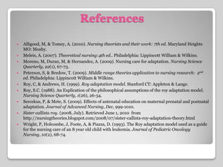 ReferencesAlligood, M, & Tomey, A. (2010). Nursing theorists and their work: 7th ed. Maryland Heights MO: Mosby.Meleis, A. (2007). Theoretical nursing:4th ed.. Philadelphia: Lippincott William & Wilkins.Moreno, M, Duran, M, & Hernandez, A. (2009). Nursing care for adaptation. Nursing Science Quarterly, 22(1), 67-73.Peterson, S, & Bredow, T. (2009). Middle range theories application to nursing research:  2nd ed. Philadelphia: Lippincott William & Wilkins.Roy, C, & Andrews, H. (1999). Roy adaptation model. Stanford CT: Appleton & Lange.Roy, S.C. (1988). An Explication of the philosophical assumptions of the roy adaptation model. Nursing Science Quarterly, 1(26), 26-34.Sercekus, P, & Mete, S. (2009). Effects of antenatal education on maternal prenatal and postnatal adaptation. Journal of Advanced Nursing, Dec, 999-1010.Sister callistaroy. (2008, July). Retrieved June 1, 2010  from http://nursingtheories.blogspot.com/2008/07/sister-callista-roy-adaptation-theory.html Wright, P, Holcombe, J, Foote, A, & Piazza, D. (1993). The Roy adaptation model used as a guide for the nursing care of an 8 year old child with leukemia. Journal of Pediatric Oncology Nursing, 10(2), 68-74.