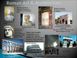 The most significant
Roman development in
sculpture was the portrait
bust.

Roman fresco-from
the house of Livia on
the Palatine

Portrait of a Roman
woman
Trajan (ruled 98-117 AD)
Colossal statue of
Constantine as
Cosmocrator
Rome’s most valuable
from the Basilica of contribution was in
Constantine on the
architecture. Roman
Roman Forum

The Arch of Constantine
Erected in honor of Emperor
Constantine,
after battle to defeat Maxentius at the
Milvian Bridge in 315 AD.

builders not only developed
the arch, vault, and dome
but pioneereed the creative
use of concrete.

Arch of Titus
Roman Aqueduct
end of 1st to early 2nd century

Colosseum; Italy, Rome; 72 A.D.

Pantheon, Italy, Rome; 118-35 A.D

 