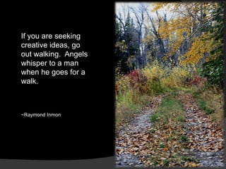 If you are seeking creative ideas, go out walking.  Angels whisper to a man when he goes for a walk.   ~Raymond Inmon 