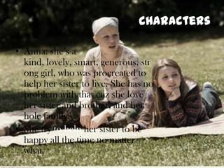 charactersAnna: she’s a kind, lovely, smart, generous, stronggirl, whowasprocreatedtohelphersistertolive. She has no problemwiththatcuzshelovehersister and brother, and herholefamily. She try tohelphersisterto be happyallthe time no matterwhat.  