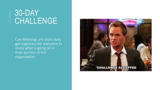 30-DAY
CHALLENGE
Cue Meetings are short daily
get togethers for everyone to
share what is going on in
their portion of the
organization.
 
