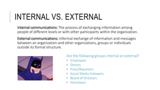 INTERNAL VS. EXTERNAL
Internal communications: The process of exchanging information among
people of different levels or with other participants within the organization.
External communications: Informal exchange of information and messages
between an organization and other organizations, groups or individuals
outside its formal structure.
Are the following groups internal or external?
• Employees
• Donors
• Press/Reporters
• Social Media Followers
• Board of Directors
• Volunteers
 