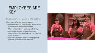EMPLOYEES ARE
KEY
Employees serve as a conduit to other audiences
Clear, open, effective communication:
 Creates a sense of transparency, which builds
trust between levels of employees.
 More collaboration = greater productivity.
 Encourages sharing of potential issues,
requirements and feedback that can make the
result stronger.
 Ensures everyone is on the same page and
prevents problems down the road.
 