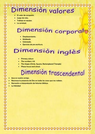    El valor de compartir.
          Juego de roles.
          Trabajo en equipo.
          La amistad.




                    Desplazamiento.
                    Moldeado
                    Coloreado.
                    Ejercicios de pre escritura.




                   Primary colours
                   The numbers 1-10
                   The shapes (Circle, Square, Rectangleand Triangle)
                   Places house and school.




   Jesus es nuestro amigo.
   Reconoce la presencia de Dios en todas las cosas que nos rodean.
   Narración e interpretación de historias bíblicas.
   La felicidad
 
