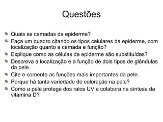 Questões
Quais as camadas da epiderme?
Faça um quadro citando os tipos celulares da epiderme, com
localização quanto a camada e função?
Explique como as células da epiderme são substituídas?
Descreva a localização e a função de dois tipos de glândulas
da pele.
Cite e comente as funções mais importantes da pele.
Porque há tanta variedade de coloração na pele?
Como a pele protege dos raios UV e colabora na síntese da
vitamina D?

 