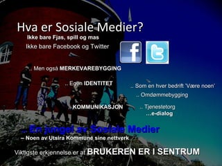 Hva er Sosiale Medier?  Ikke bare Facebook og Twitter Ikke bare Fjas, spill og mas .. Men også  MERKEVAREBYGGING .. Egen  IDENTITET .. Omdømmebygging ..  KOMMUNIKASJON .. Tjenestetorg … e-dialog .. En jungel av Sosiale Medier  –  Noen av Utsira Kommune sine nettverk Viktigste erkjennelse er at  BRUKEREN ER I SENTRUM .. Som en hver bedrift ’Være noen’ 