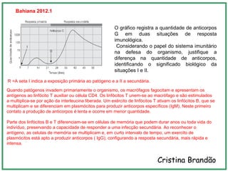 Bahiana 2012.1
Cristina Brandão
R =A seta I indica a exposição primária ao patógeno e a II a secundária.
Quando patógenos invadem primariamente o organismo, os macrófagos fagocitam e apresentam os
antígenos ao linfócito T auxiliar ou célula CD4. Os linfócitos T unem-se ao macrófago e são estimulados
a multiplica-se por ação da interleucina liberada. Um exército de linfócitos T ativam os linfócitos B, que se
multiplicam e se diferenciam em plasmócitos para produzir anticorpos específicos (IgM), Neste primeiro
contato a produção de anticorpos é lenta e ocorre em menor quantidade.
Parte dos linfócitos B e T diferenciam-se em células de memória que podem durar anos ou toda vida do
indivíduo, preservando a capacidade de responder a uma infecção secundária. Ao reconhecer o
antígeno, as celulas de memória se multiplicam e, em curto intervalo de tempo, um exercito de
plasmócitos está apto a produzir anticorpos ( IgG), configurando a resposta secundária, mais rápida e
intensa.
O gráfico registra a quantidade de anticorpos
G em duas situações de resposta
imunológica.
Considerando o papel do sistema imunitário
na defesa do organismo, justifique a
diferença na quantidade de anticorpos,
identificando o significado biológico da
situações I e II.
 