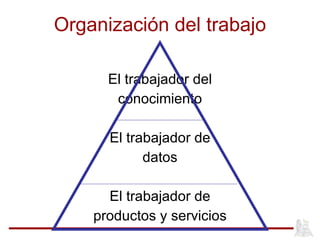Organización del trabajo El trabajador del conocimiento El trabajador de datos El trabajador de productos y servicios 