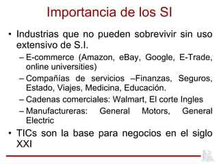 Importancia de los SI Industrias que no pueden sobrevivir sin uso extensivo de S.I. E-commerce (Amazon, eBay, Google, E-Trade, online universities) Compañías de servicios –Finanzas, Seguros, Estado, Viajes, Medicina, Educación.  Cadenas comerciales: Walmart, El corte Ingles Manufactureras: General Motors, General Electric TICs son la base para negocios en el siglo XXI 