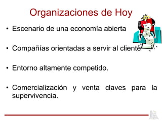 Organizaciones de Hoy Escenario de una economía abierta Compañías orientadas a servir al cliente Entorno altamente competido. Comercialización y venta claves para la supervivencia. 