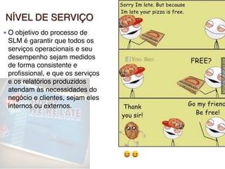 NÍVEL DE SERVIÇO
● O objetivo do processo de
SLM é garantir que todos os
serviços operacionais e seu
desempenho sejam medidos
de forma consistente e
profissional, e que os serviços
e os relatórios produzidos
atendam às necessidades do
negócio e clientes, sejam eles
internos ou externos.
 