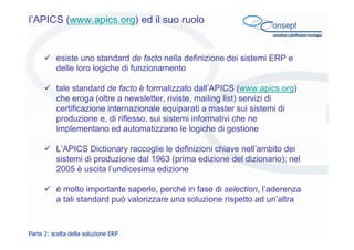 l’APICS (www.apics.org) ed il suo ruolo

esiste uno standard de facto nella definizione dei sistemi ERP e
delle loro logic...
