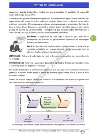 julgamentos quando decidem fazer negócio com uma organização: (1) qualidade, (2) serviço, (3)
custos e (4) tempo (Band, 1997).
A avaliação dos gestores (desempenho gerencial) e o desempenho organizacional (trabalho das
organizações) são temas de muitos debates e análises. Desta forma, é possível se ter vários
critérios e concepções diferentes para se avaliar os administradores e as organizações. Servindo de
base a muitas dessas discussões, é possível se analisar quatro conceitos sugeridos por autores
peritos no assunto de (gerenciamento – management) que escrevem sobre administração: a
Teoria dos 4E’s, ou seja, eficiência, eficácia, economicidade e efetividade.

                                       EFICIÊNCIA - A capacidade de fazer certo as coisas, ou seja, refere-se ao
                                                                                                                                 16
                                       desempenho, ao processo ou gerenciamento harmônico do personagem
                                       frente ao empreendimento.

                                       EFICÁCIA - Em contraste, implica escolher os objetivos certos. Refere-se ao
                                       resultado satisfatório do empreendimento, comparativamente com os
                                       objetivos fixados na fase do planejamento.

EFETIVIDADE - Refere-se à razão lógica de existir e de manter-se uma ideia ou empreendimento
no mercado.

ECONOMICIDADE - Refere-se à ausência de desperdício significativo de recursos investidos, enfim,
a real necessidade dos dispêndios realizados.

No intuito de fortalecer o conhecimento acerca do que se propõe um sistema de informação
gerencial, é possível ilustrar todos os atores do processo organizacional, que é o maior e mais
complexo processo.

Através da imagem a seguir, pode-se ter uma visão mais abrangente da dimensão organizacional
que os sistemas são submetidos. Vejamos:

                                 Fornecedores                                          Clientes
                                                                                                        AMBIENTE - ORGANIZAÇÃO
             SISTEMA DE INFORMAÇÃO




                                                           Processar
                                                Entrada    Classificar
                                                                                   Saída
                                                           Organizar
                                                           Calcular


                                                             Feedback




                    Agências                Acionistas             Concorrentes
                  Reguladora
                       s
   O sistema aqui representado contém informações sobre uma organização e o ambiente que a cerca.


            Material produzido e formatado pelo Professor Zenóbio Pereira – Sistemas de Informação
 