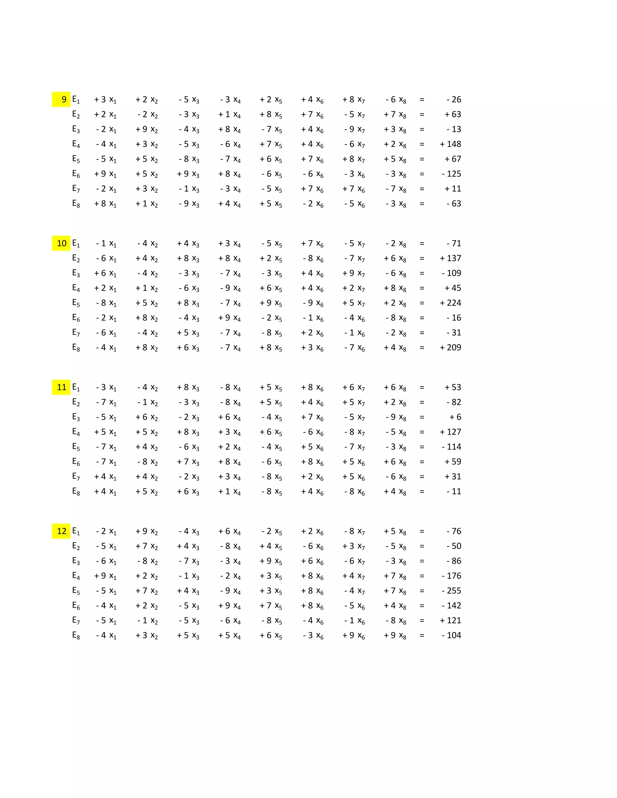 -9        +1            +4            -5        +7        +5            -6            -3
 9 E1   + 3 x1        + 2 x2        - 5 x3    - 3 x4        + 2 x5    + 4 x6    + 8 x7        - 6 x8        =    - 26
   E2   + 2 x1        - 2 x2        - 3 x3    + 1 x4        + 8 x5    + 7 x6    - 5 x7        + 7 x8        =    + 63
   E3   - 2 x1        + 9 x2        - 4 x3    + 8 x4        - 7 x5    + 4 x6    - 9 x7        + 3 x8        =    - 13
   E4   - 4 x1        + 3 x2        - 5 x3    - 6 x4        + 7 x5    + 4 x6    - 6 x7        + 2 x8        =   + 148
   E5   - 5 x1        + 5 x2        - 8 x3    - 7 x4        + 6 x5    + 7 x6    + 8 x7        + 5 x8        =    + 67
   E6   + 9 x1        + 5 x2        + 9 x3    + 8 x4        - 6 x5    - 6 x6    - 3 x6        - 3 x8        =   - 125
   E7   - 2 x1        + 3 x2        - 1 x3    - 3 x4        - 5 x5    + 7 x6    + 7 x6        - 7 x8        =    + 11
   E8   + 8 x1        + 1 x2        - 9 x3    + 4 x4        + 5 x5    - 2 x6    - 5 x6        - 3 x8        =    - 63

                 -2        +7      +6        -4                  +8        -4            -3        +2
10 E1   - 1 x1        -4  x2  +4  x3  +3  x4    -5              x5  +7  x6      - 5 x7        -2  x8 =           - 71
   E2   - 6 x1        + 4 x2  + 8 x3  + 8 x4    +2              x5  - 8 x6      - 7 x7        + 6 x8 =          + 137
   E3   + 6 x1        - 4 x2  - 3 x3  - 7 x4    -3              x5    + 4 x6    + 9 x7        - 6 x8        =   - 109
   E4   + 2 x1        + 1 x2  - 6 x3  - 9 x4    +6              x5    + 4 x6    + 2 x7        + 8 x8        =    + 45
   E5   - 8 x1        + 5 x2        + 8 x3    - 7 x4        + 9 x5    - 9 x6    + 5 x7        + 2 x8        =   + 224
   E6   - 2 x1        + 8 x2        - 4 x3    + 9 x4        - 2 x5    - 1 x6    - 4 x6        - 8 x8        =    - 16
   E7   - 6 x1        - 4 x2        + 5 x3    - 7 x4        - 8 x5    + 2 x6    - 1 x6        - 2 x8        =    - 31
   E8   - 4 x1        + 8 x2        + 6 x3    - 7 x4        + 8 x5    + 3 x6    - 7 x6        + 4 x8        =   + 209

             +8                -6        +9        +5            +5        +4        +2                -8
11 E1   - 3 x1        - 4 x2        + 8 x3    - 8 x4        + 5 x5    + 8 x6    + 6 x7        + 6 x8        =    + 53
   E2   - 7 x1        - 1 x2        - 3 x3    - 8 x4        + 5 x5    + 4 x6    + 5 x7        + 2 x8        =    - 82
   E3   - 5 x1        + 6 x2        - 2 x3    + 6 x4        - 4 x5    + 7 x6    - 5 x7        - 9 x8        =     +6
   E4   + 5 x1        + 5 x2        + 8 x3    + 3 x4        + 6 x5    - 6 x6    - 8 x7        - 5 x8        =   + 127
   E5   - 7 x1        + 4 x2        - 6 x3    + 2 x4        - 4 x5    + 5 x6    - 7 x7        - 3 x8        =   - 114
   E6   - 7 x1        - 8 x2        + 7 x3    + 8 x4        - 6 x5    + 8 x6    + 5 x6        + 6 x8        =    + 59
   E7   + 4 x1        + 4 x2        - 2 x3    + 3 x4        - 8 x5    + 2 x6    + 5 x6        - 6 x8        =    + 31
   E8   + 4 x1        + 5 x2        + 6 x3    + 1 x4        - 8 x5    + 4 x6    - 8 x6        + 4 x8        =    - 11

             +2        -8                +3      +6        -9        -9        -2        -8
12 E1   -2  x1  +9  x2    -4            x3  +6  x4  -2  x5    +2  x6    -8  x7    +5  x8                    =    - 76
   E2   - 5 x1  + 7 x2    +4            x3  - 8 x4  + 4 x5    - 6 x6    + 3 x7    - 5 x8                    =    - 50
   E3   - 6 x1  - 8 x2    -7            x3  - 3 x4  + 9 x5    + 6 x6    - 6 x7    - 3 x8                    =    - 86
   E4   + 9 x1        + 2 x2        - 1 x3  - 2 x4  + 3 x5    + 8 x6    + 4 x7    + 7 x8                    =   - 176
   E5   - 5 x1        + 7 x2        + 4 x3  - 9 x4  + 3 x5    + 8 x6    - 4 x7    + 7 x8                    =   - 255
   E6   - 4 x1        + 2 x2        - 5 x3  + 9 x4  + 7 x5    + 8 x6    - 5 x6    + 4 x8                    =   - 142
   E7   - 5 x1        - 1 x2        - 5 x3    - 6 x4        - 8 x5    - 4 x6    - 1 x6        - 8 x8        =   + 121
   E8   - 4 x1        + 3 x2        + 5 x3    + 5 x4        + 6 x5    - 3 x6    + 9 x6        + 9 x8        =   - 104
 