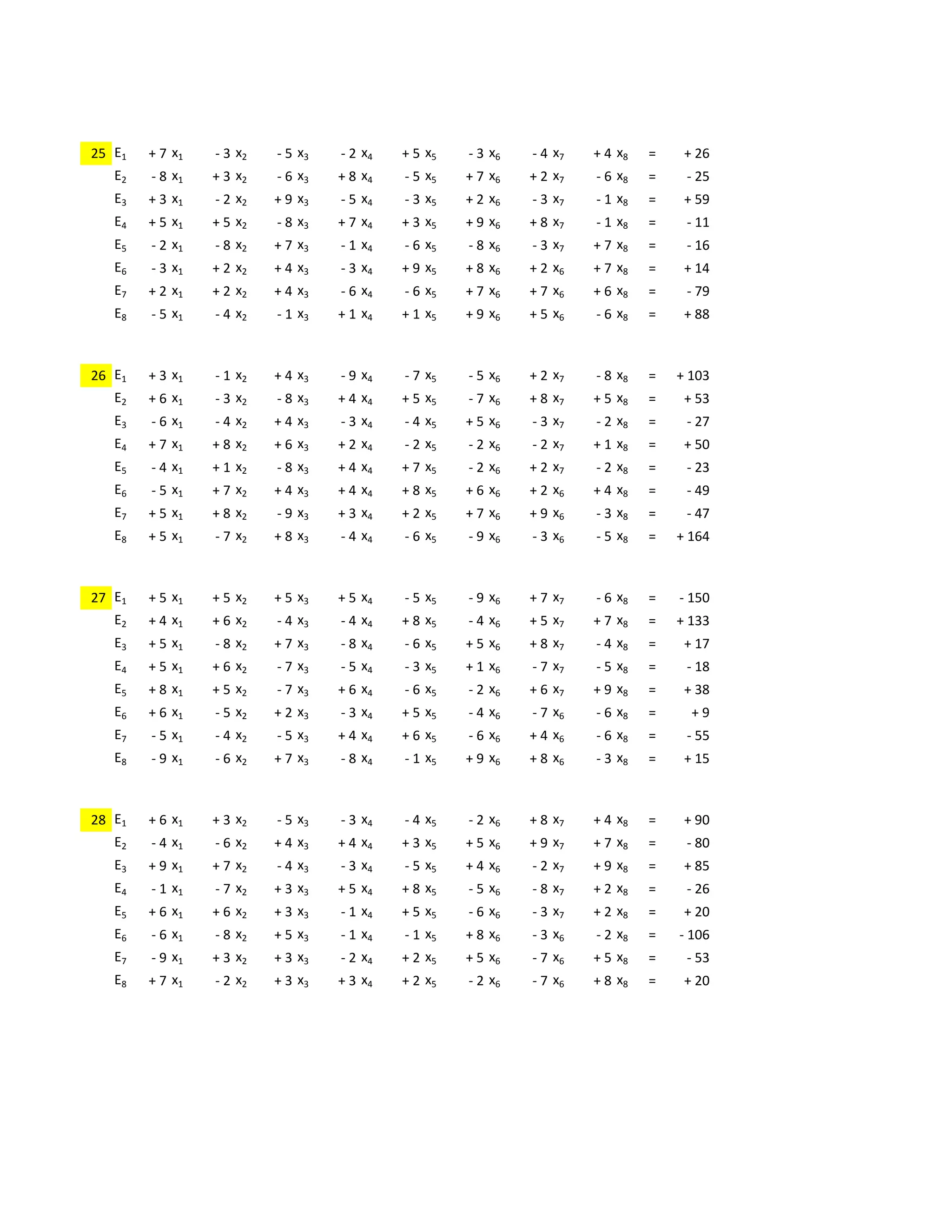 +3        -9        +4            +2            +6            +4                -3            -7
25 E1   + 7 x1    - 3 x2    - 5 x3        - 2 x4        + 5 x5        - 3 x6        - 4 x7        + 4 x8        =    + 26
   E2   - 8 x1    + 3 x2    - 6 x3        + 8 x4        - 5 x5        + 7 x6        + 2 x7        - 6 x8        =    - 25
   E3   + 3 x1    - 2 x2    + 9 x3        - 5 x4        - 3 x5        + 2 x6        - 3 x7        - 1 x8        =    + 59
   E4   + 5 x1    + 5 x2    - 8 x3        + 7 x4        + 3 x5        + 9 x6        + 8 x7        - 1 x8        =    - 11
   E5   - 2 x1    - 8 x2    + 7 x3        - 1 x4        - 6 x5        - 8 x6        - 3 x7        + 7 x8        =    - 16
   E6   - 3 x1    + 2 x2    + 4 x3        - 3 x4        + 9 x5        + 8 x6        + 2 x6        + 7 x8        =    + 14
   E7   + 2 x1    + 2 x2    + 4 x3        - 6 x4        - 6 x5        + 7 x6        + 7 x6        + 6 x8        =    - 79
   E8   - 5 x1    - 4 x2    - 1 x3        + 1 x4        + 1 x5        + 9 x6        + 5 x6        - 6 x8        =    + 88

             +2         -3      +8             +6                -2            -8        +7       -6
26 E1   +3  x1    -1  x2   +4  x3  -9         x4        - 7 x5        - 5 x6        +2  x7  -8  x8 =                + 103
   E2   + 6 x1    - 3 x2   - 8 x3  +4         x4        + 5 x5        - 7 x6        + 8 x7  + 5 x8 =                 + 53
   E3   - 6 x1    - 4 x2   + 4 x3  -3         x4        - 4 x5        + 5 x6        - 3 x7  - 2 x8 =                 - 27
   E4   + 7 x1    + 8 x2    + 6 x3        + 2 x4        - 2 x5        - 2 x6        - 2 x7  + 1 x8 =                 + 50
   E5   - 4 x1    + 1 x2    - 8 x3        + 4 x4        + 7 x5        - 2 x6        + 2 x7        - 2 x8        =    - 23
   E6   - 5 x1    + 7 x2    + 4 x3        + 4 x4        + 8 x5        + 6 x6        + 2 x6        + 4 x8        =    - 49
   E7   + 5 x1    + 8 x2    - 9 x3        + 3 x4        + 2 x5        + 7 x6        + 9 x6        - 3 x8        =    - 47
   E8   + 5 x1    - 7 x2    + 8 x3        - 4 x4        - 6 x5        - 9 x6        - 3 x6        - 5 x8        =   + 164

             +5        -2            -2            -4        +8            +6            +1            +8
27 E1   + 5 x1    + 5 x2    + 5 x3        + 5 x4        - 5 x5        - 9 x6        + 7 x7        - 6 x8        =   - 150
   E2   + 4 x1    + 6 x2    - 4 x3        - 4 x4        + 8 x5        - 4 x6        + 5 x7        + 7 x8        =   + 133
   E3   + 5 x1    - 8 x2    + 7 x3        - 8 x4        - 6 x5        + 5 x6        + 8 x7        - 4 x8        =    + 17
   E4   + 5 x1    + 6 x2    - 7 x3        - 5 x4        - 3 x5        + 1 x6        - 7 x7        - 5 x8        =    - 18
   E5   + 8 x1    + 5 x2    - 7 x3        + 6 x4        - 6 x5        - 2 x6        + 6 x7        + 9 x8        =    + 38
   E6   + 6 x1    - 5 x2    + 2 x3        - 3 x4        + 5 x5        - 4 x6        - 7 x6        - 6 x8        =     +9
   E7   - 5 x1    - 4 x2    - 5 x3        + 4 x4        + 6 x5        - 6 x6        + 4 x6        - 6 x8        =    - 55
   E8   - 9 x1    - 6 x2    + 7 x3        - 8 x4        - 1 x5        + 9 x6        + 8 x6        - 3 x8        =    + 15

             +2      +1        -8                  -1            -4            -6            -1        +3
28 E1   +6  x1  +3  x2  -5  x3    -3          x4        - 4 x5        - 2 x6        + 8 x7        +4  x8 =           + 90
   E2   - 4 x1  - 6 x2  + 4 x3    +4          x4        + 3 x5        + 5 x6        + 9 x7        + 7 x8 =           - 80
   E3   + 9 x1  + 7 x2  - 4 x3    -3          x4        - 5 x5        + 4 x6        - 2 x7        + 9 x8        =    + 85
   E4   - 1 x1  - 7 x2  + 3 x3    +5          x4        + 8 x5        - 5 x6        - 8 x7        + 2 x8        =    - 26
   E5   + 6 x1    + 6 x2    + 3 x3        - 1 x4        + 5 x5        - 6 x6        - 3 x7        + 2 x8        =    + 20
   E6   - 6 x1    - 8 x2    + 5 x3        - 1 x4        - 1 x5        + 8 x6        - 3 x6        - 2 x8        =   - 106
   E7   - 9 x1    + 3 x2    + 3 x3        - 2 x4        + 2 x5        + 5 x6        - 7 x6        + 5 x8        =    - 53
   E8   + 7 x1    - 2 x2    + 3 x3        + 3 x4        + 2 x5        - 2 x6        - 7 x6        + 8 x8        =    + 20
 