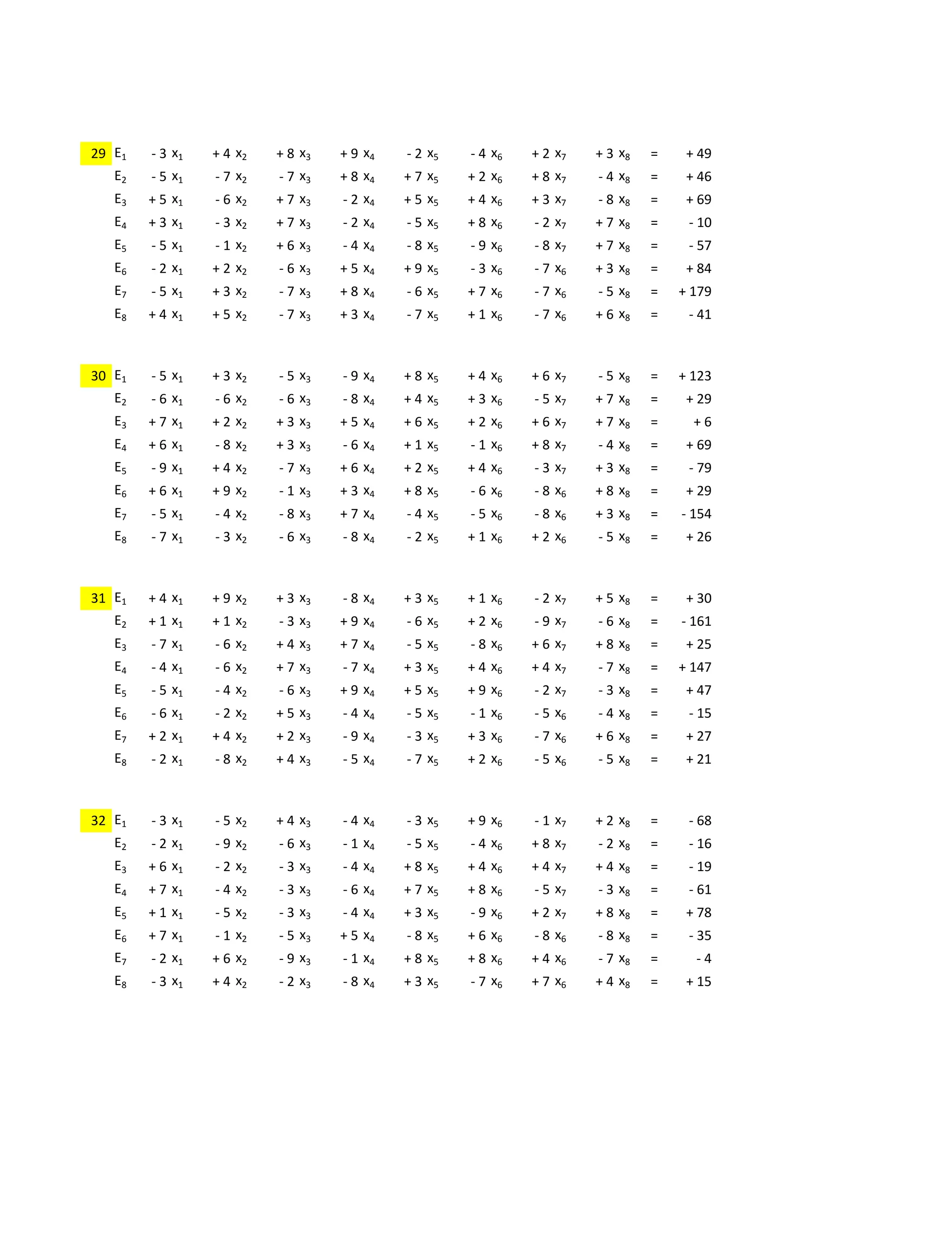 -6        +2            +5        +7            +5        +7            -9            -8
29 E1   - 3 x1        + 4 x2        + 8 x3    + 9 x4        - 2 x5    - 4 x6    + 2 x7        + 3 x8        =    + 49
   E2   - 5 x1        - 7 x2        - 7 x3    + 8 x4        + 7 x5    + 2 x6    + 8 x7        - 4 x8        =    + 46
   E3   + 5 x1        - 6 x2        + 7 x3    - 2 x4        + 5 x5    + 4 x6    + 3 x7        - 8 x8        =    + 69
   E4   + 3 x1        - 3 x2        + 7 x3    - 2 x4        - 5 x5    + 8 x6    - 2 x7        + 7 x8        =    - 10
   E5   - 5 x1        - 1 x2        + 6 x3    - 4 x4        - 8 x5    - 9 x6    - 8 x7        + 7 x8        =    - 57
   E6   - 2 x1        + 2 x2        - 6 x3    + 5 x4        + 9 x5    - 3 x6    - 7 x6        + 3 x8        =    + 84
   E7   - 5 x1        + 3 x2        - 7 x3    + 8 x4        - 6 x5    + 7 x6    - 7 x6        - 5 x8        =   + 179
   E8   + 4 x1        + 5 x2        - 7 x3    + 3 x4        - 7 x5    + 1 x6    - 7 x6        + 6 x8        =    - 41

             +6      +3                  +1            -9        +5      +5        -2                  -4
30 E1   -5  x1  +3  x2              -5  x3    - 9 x4        +8  x5  +4  x6  +6  x7    -5          x8        =   + 123
   E2   - 6 x1  - 6 x2              - 6 x3    - 8 x4        + 4 x5  + 3 x6  - 5 x7    +7          x8        =    + 29
   E3   + 7 x1        + 2 x2        + 3 x3    + 5 x4        + 6 x5  + 2 x6  + 6 x7    +7          x8        =     +6
   E4   + 6 x1        - 8 x2        + 3 x3    - 6 x4        + 1 x5  - 1 x6  + 8 x7    -4          x8        =    + 69
   E5   - 9 x1        + 4 x2        - 7 x3    + 6 x4        + 2 x5    + 4 x6    - 3 x7        + 3 x8        =    - 79
   E6   + 6 x1        + 9 x2        - 1 x3    + 3 x4        + 8 x5    - 6 x6    - 8 x6        + 8 x8        =    + 29
   E7   - 5 x1        - 4 x2        - 8 x3    + 7 x4        - 4 x5    - 5 x6    - 8 x6        + 3 x8        =   - 154
   E8   - 7 x1        - 3 x2        - 6 x3    - 8 x4        - 2 x5    + 1 x6    + 2 x6        - 5 x8        =    + 26

                 -2            -7        +6            -4        +7        +8        +4            +6
31 E1   + 4 x1        + 9 x2        + 3 x3    - 8 x4        + 3 x5    + 1 x6    - 2 x7        + 5 x8        =    + 30
   E2   + 1 x1        + 1 x2        - 3 x3    + 9 x4        - 6 x5    + 2 x6    - 9 x7        - 6 x8        =   - 161
   E3   - 7 x1        - 6 x2        + 4 x3    + 7 x4        - 5 x5    - 8 x6    + 6 x7        + 8 x8        =    + 25
   E4   - 4 x1        - 6 x2        + 7 x3    - 7 x4        + 3 x5    + 4 x6    + 4 x7        - 7 x8        =   + 147
   E5   - 5 x1        - 4 x2        - 6 x3    + 9 x4        + 5 x5    + 9 x6    - 2 x7        - 3 x8        =    + 47
   E6   - 6 x1        - 2 x2        + 5 x3    - 4 x4        - 5 x5    - 1 x6    - 5 x6        - 4 x8        =    - 15
   E7   + 2 x1        + 4 x2        + 2 x3    - 9 x4        - 3 x5    + 3 x6    - 7 x6        + 6 x8        =    + 27
   E8   - 2 x1        - 8 x2        + 4 x3    - 5 x4        - 7 x5    + 2 x6    - 5 x6        - 5 x8        =    + 21

                 -5        +1        -7            +6            +3        -4        -5      +7
32 E1   - 3 x1        -5  x2  +4  x3          -4  x4        -3  x5  +9  x6    -1  x7    +2  x8              =    - 68
   E2   - 2 x1        - 9 x2  - 6 x3          - 1 x4        - 5 x5  - 4 x6    + 8 x7    - 2 x8              =    - 16
   E3   + 6 x1        - 2 x2        - 3 x3    - 4 x4        + 8 x5  + 4 x6    + 4 x7    + 4 x8              =    - 19
   E4   + 7 x1        - 4 x2        - 3 x3    - 6 x4        + 7 x5  + 8 x6    - 5 x7    - 3 x8              =    - 61
   E5   + 1 x1        - 5 x2        - 3 x3    - 4 x4        + 3 x5    - 9 x6    + 2 x7        + 8 x8        =    + 78
   E6   + 7 x1        - 1 x2        - 5 x3    + 5 x4        - 8 x5    + 6 x6    - 8 x6        - 8 x8        =    - 35
   E7   - 2 x1        + 6 x2        - 9 x3    - 1 x4        + 8 x5    + 8 x6    + 4 x6        - 7 x8        =     -4
   E8   - 3 x1        + 4 x2        - 2 x3    - 8 x4        + 3 x5    - 7 x6    + 7 x6        + 4 x8        =    + 15
 