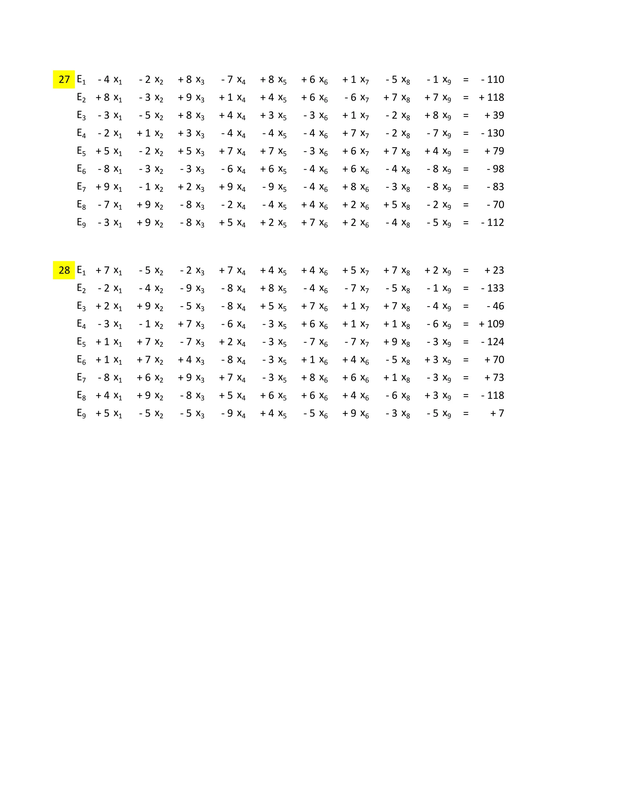 +4     -4     -4     +2     +3     -6     -8     +6     +6
27 E1   -4 x1 - 2 x2 + 8 x3 - 7 x4 + 8 x5 + 6 x6 + 1 x7 - 5 x8 - 1 x9 =                      - 110
   E2 + 8 x1     - 3 x2   + 9 x3   + 1 x4   + 4 x5   + 6 x6   - 6 x7   + 7 x8   + 7 x9   = + 118
   E3   - 3 x1   - 5 x2   + 8 x3   + 4 x4   + 3 x5   - 3 x6   + 1 x7   - 2 x8   + 8 x9   =   + 39
   E4   - 2 x1   + 1 x2   + 3 x3   - 4 x4   - 4 x5   - 4 x6   + 7 x7   - 2 x8   - 7 x9   =   - 130
   E5 + 5 x1     - 2 x2   + 5 x3   + 7 x4   + 7 x5   - 3 x6   + 6 x7   + 7 x8   + 4 x9   =   + 79
   E6   - 8 x1   - 3 x2   - 3 x3   - 6 x4   + 6 x5   - 4 x6   + 6 x6   - 4 x8   - 8 x9   =    - 98
   E7 + 9 x1     - 1 x2   + 2 x3   + 9 x4   - 9 x5   - 4 x6   + 8 x6   - 3 x8   - 8 x9   =    - 83
   E8   - 7 x1   + 9 x2   - 8 x3   - 2 x4   - 4 x5   + 4 x6   + 2 x6   + 5 x8   - 2 x9   =    - 70
   E9   - 3 x1   + 9 x2   - 8 x3   + 5 x4   + 2 x5   + 7 x6   + 2 x6   - 4 x8   - 5 x9   =   - 112

             +1     -5     +7     -4     -7     +4     +5     +2     +3
28 E1   + 7 x1 - 5 x2 - 2 x3 + 7 x4 + 4 x5 + 4 x6 + 5 x7 + 7 x8 + 2 x9 =                     + 23
   E2   - 2 x1   - 4 x2   - 9 x3   - 8 x4   + 8 x5   - 4 x6   - 7 x7   - 5 x8   - 1 x9   =   - 133
   E3 + 2 x1     + 9 x2   - 5 x3   - 8 x4   + 5 x5   + 7 x6   + 1 x7   + 7 x8   - 4 x9   =    - 46
   E4   - 3 x1   - 1 x2   + 7 x3   - 6 x4   - 3 x5   + 6 x6   + 1 x7   + 1 x8   - 6 x9   = + 109
   E5 + 1 x1     + 7 x2   - 7 x3   + 2 x4   - 3 x5   - 7 x6   - 7 x7   + 9 x8   - 3 x9   =   - 124
   E6 + 1 x1     + 7 x2   + 4 x3   - 8 x4   - 3 x5   + 1 x6   + 4 x6   - 5 x8   + 3 x9   =   + 70
   E7   - 8 x1   + 6 x2   + 9 x3   + 7 x4   - 3 x5   + 8 x6   + 6 x6   + 1 x8   - 3 x9   =   + 73
   E8 + 4 x1     + 9 x2   - 8 x3   + 5 x4   + 6 x5   + 6 x6   + 4 x6   - 6 x8   + 3 x9   =   - 118
   E9 + 5 x1     - 5 x2   - 5 x3   - 9 x4   + 4 x5   - 5 x6   + 9 x6   - 3 x8   - 5 x9   =    +7
 