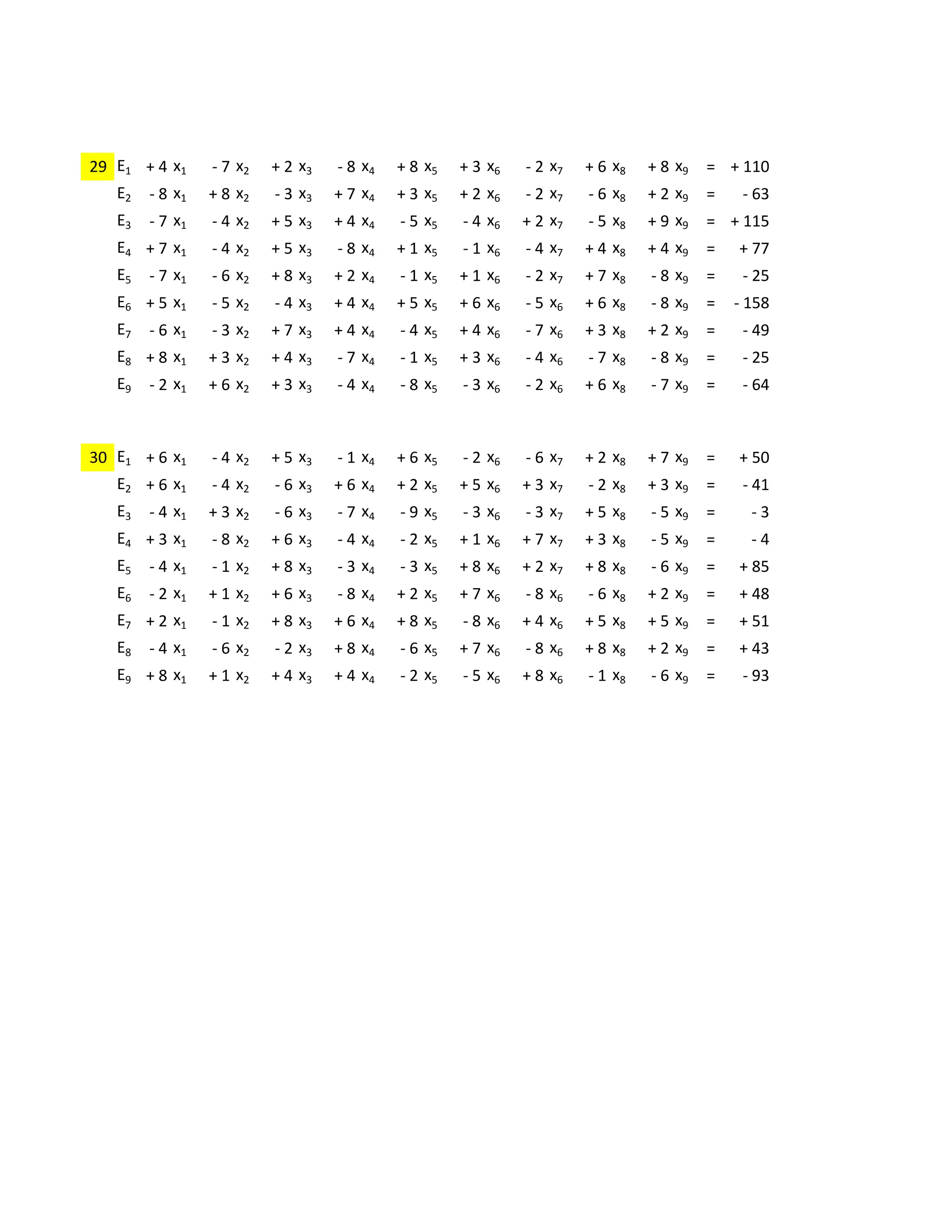-1     -3     +7     -6     +4     -5     +8     -3     +6
29 E1   + 4 x1 - 7 x2 + 2 x3 - 8 x4 + 8 x5 + 3 x6 - 2 x7 + 6 x8 + 8 x9 = + 110
   E2   - 8 x1   + 8 x2   - 3 x3   + 7 x4   + 3 x5   + 2 x6   - 2 x7   - 6 x8   + 2 x9   =    - 63
   E3   - 7 x1   - 4 x2   + 5 x3   + 4 x4   - 5 x5   - 4 x6   + 2 x7   - 5 x8   + 9 x9   = + 115
   E4 + 7 x1     - 4 x2   + 5 x3   - 8 x4   + 1 x5   - 1 x6   - 4 x7   + 4 x8   + 4 x9   =   + 77
   E5   - 7 x1   - 6 x2   + 8 x3   + 2 x4   - 1 x5   + 1 x6   - 2 x7   + 7 x8   - 8 x9   =    - 25
   E6 + 5 x1     - 5 x2   - 4 x3   + 4 x4   + 5 x5   + 6 x6   - 5 x6   + 6 x8   - 8 x9   =   - 158
   E7   - 6 x1   - 3 x2   + 7 x3   + 4 x4   - 4 x5   + 4 x6   - 7 x6   + 3 x8   + 2 x9   =    - 49
   E8 + 8 x1     + 3 x2   + 4 x3   - 7 x4   - 1 x5   + 3 x6   - 4 x6   - 7 x8   - 8 x9   =    - 25
   E9   - 2 x1   + 6 x2   + 3 x3   - 4 x4   - 8 x5   - 3 x6   - 2 x6   + 6 x8   - 7 x9   =    - 64

             -4     +1     +2     -3     +5     +3     -1     +7     +3
30 E1   + 6 x1 - 4 x2 + 5 x3 - 1 x4 + 6 x5 - 2 x6 - 6 x7 + 2 x8 + 7 x9 =                     + 50
   E2 + 6 x1     - 4 x2   - 6 x3   + 6 x4   + 2 x5   + 5 x6   + 3 x7   - 2 x8   + 3 x9   =    - 41
   E3   - 4 x1   + 3 x2   - 6 x3   - 7 x4   - 9 x5   - 3 x6   - 3 x7   + 5 x8   - 5 x9   =     -3
   E4 + 3 x1     - 8 x2   + 6 x3   - 4 x4   - 2 x5   + 1 x6   + 7 x7   + 3 x8   - 5 x9   =     -4
   E5   - 4 x1   - 1 x2   + 8 x3   - 3 x4   - 3 x5   + 8 x6   + 2 x7   + 8 x8   - 6 x9   =   + 85
   E6   - 2 x1   + 1 x2   + 6 x3   - 8 x4   + 2 x5   + 7 x6   - 8 x6   - 6 x8   + 2 x9   =   + 48
   E7 + 2 x1     - 1 x2   + 8 x3   + 6 x4   + 8 x5   - 8 x6   + 4 x6   + 5 x8   + 5 x9   =   + 51
   E8   - 4 x1   - 6 x2   - 2 x3   + 8 x4   - 6 x5   + 7 x6   - 8 x6   + 8 x8   + 2 x9   =   + 43
   E9 + 8 x1     + 1 x2   + 4 x3   + 4 x4   - 2 x5   - 5 x6   + 8 x6   - 1 x8   - 6 x9   =    - 93
 