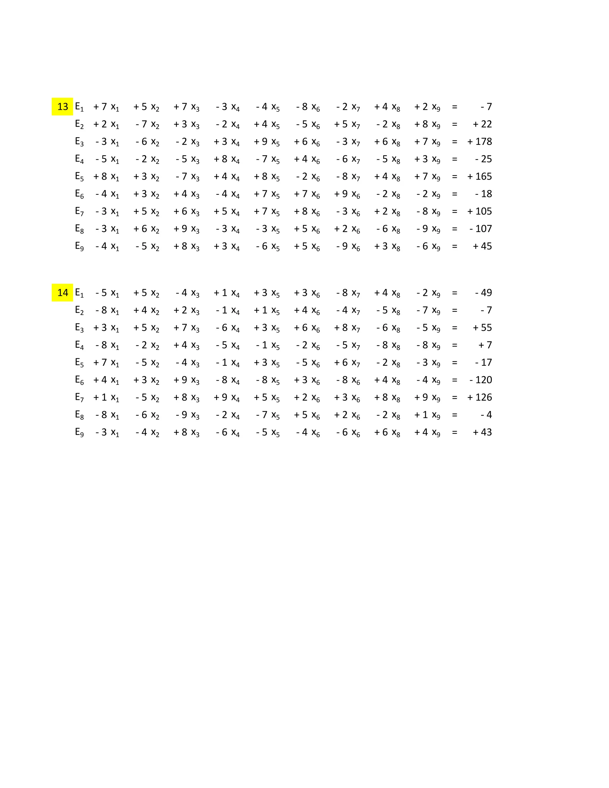 +4     -3     +2     +6     +8     +3     -4     +7     +2
13 E1   + 7 x1 + 5 x2 + 7 x3 - 3 x4 - 4 x5 - 8 x6 - 2 x7 + 4 x8 + 2 x9 =                       -7
   E2 + 2 x1     - 7 x2   + 3 x3   - 2 x4   + 4 x5   - 5 x6   + 5 x7   - 2 x8   + 8 x9   =   + 22
   E3   - 3 x1   - 6 x2   - 2 x3   + 3 x4   + 9 x5   + 6 x6   - 3 x7   + 6 x8   + 7 x9   = + 178
   E4   - 5 x1   - 2 x2   - 5 x3   + 8 x4   - 7 x5   + 4 x6   - 6 x7   - 5 x8   + 3 x9   =    - 25
   E5 + 8 x1     + 3 x2   - 7 x3   + 4 x4   + 8 x5   - 2 x6   - 8 x7   + 4 x8   + 7 x9   = + 165
   E6   - 4 x1   + 3 x2   + 4 x3   - 4 x4   + 7 x5   + 7 x6   + 9 x6   - 2 x8   - 2 x9   =    - 18
   E7   - 3 x1   + 5 x2   + 6 x3   + 5 x4   + 7 x5   + 8 x6   - 3 x6   + 2 x8   - 8 x9   = + 105
   E8   - 3 x1   + 6 x2   + 9 x3   - 3 x4   - 3 x5   + 5 x6   + 2 x6   - 6 x8   - 9 x9   =   - 107
   E9   - 4 x1   - 5 x2   + 8 x3   + 3 x4   - 6 x5   + 5 x6   - 9 x6   + 3 x8   - 6 x9   =   + 45

             -8     -1     +5     -3     +7     -2     +7     -1     +8
14 E1   - 5 x1 + 5 x2 - 4 x3 + 1 x4 + 3 x5 + 3 x6 - 8 x7 + 4 x8 - 2 x9 =                      - 49
   E2   - 8 x1   + 4 x2   + 2 x3   - 1 x4   + 1 x5   + 4 x6   - 4 x7   - 5 x8   - 7 x9   =     -7
   E3 + 3 x1     + 5 x2   + 7 x3   - 6 x4   + 3 x5   + 6 x6   + 8 x7   - 6 x8   - 5 x9   =   + 55
   E4   - 8 x1   - 2 x2   + 4 x3   - 5 x4   - 1 x5   - 2 x6   - 5 x7   - 8 x8   - 8 x9   =    +7
   E5 + 7 x1     - 5 x2   - 4 x3   - 1 x4   + 3 x5   - 5 x6   + 6 x7   - 2 x8   - 3 x9   =    - 17
   E6 + 4 x1     + 3 x2   + 9 x3   - 8 x4   - 8 x5   + 3 x6   - 8 x6   + 4 x8   - 4 x9   =   - 120
   E7 + 1 x1     - 5 x2   + 8 x3   + 9 x4   + 5 x5   + 2 x6   + 3 x6   + 8 x8   + 9 x9   = + 126
   E8   - 8 x1   - 6 x2   - 9 x3   - 2 x4   - 7 x5   + 5 x6   + 2 x6   - 2 x8   + 1 x9   =     -4
   E9   - 3 x1   - 4 x2   + 8 x3   - 6 x4   - 5 x5   - 4 x6   - 6 x6   + 6 x8   + 4 x9   =   + 43
 
