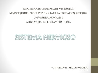 PARTICIPANTE: MAILU ROSARIO
REPUIBLICA BOLIVARIANA DE VENEZUELA
MINISTERIO DEL PODER POPULAR PARA LA EDUCACION SUPERIOR
UNIVERSIDAD YACAMBU
ASIGNATURA: BIOLOGIA Y CONDUCTA
 