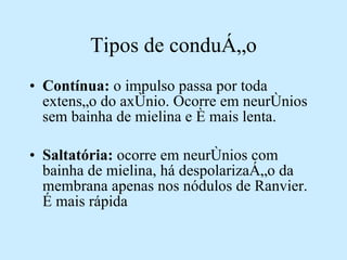 Tipos de condução Contínua:  o impulso passa por toda extensão do axônio. Ocorre em neurônios sem bainha de mielina e é mais lenta. Saltatória:  ocorre em neurônios com bainha de mielina, há despolarização da membrana apenas nos nódulos de Ranvier. É mais rápida 