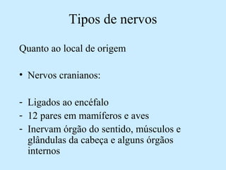 Tipos de nervos
Quanto ao local de origem
• Nervos cranianos:
- Ligados ao encéfalo
- 12 pares em mamíferos e aves
- Inervam órgão do sentido, músculos e
glândulas da cabeça e alguns órgãos
internos
 
