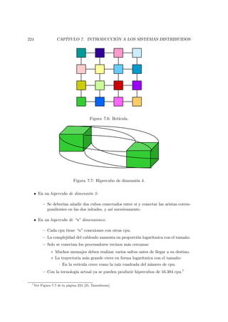 224                 CAPÍTULO 7. INTRODUCCIÓN A LOS SISTEMAS DISTRIBUIDOS




                                        Figura 7.6: Retícula.




                              Figura 7.7: Hipercubo de dimensión 4.


      • En un hipercubo de dimensión 5:

           — Se deberían añadir dos cubos conectados entre sí y conectar las aristas corres-
             pondientes en las dos mitades, y así sucesivamente.

      • En un hipercubo de “n” dimensiones:

           — Cada cpu tiene “n” conexiones con otras cpu.
           — La complejidad del cableado aumenta en proporción logarítmica con el tamaño.
           — Solo se conectan los procesadores vecinos más cercanos:
                ∗ Muchos mensajes deben realizar varios saltos antes de llegar a su destino.
                ∗ La trayectoria más grande crece en forma logarítmica con el tamaño:
                     · En la retícula crece como la raíz cuadrada del número de cpu.
           — Con la tecnología actual ya se pueden producir hipercubos de 16.384 cpu.7

  7
      Ver Figura 7.7 de la página 224 [25, Tanenbaum].
 